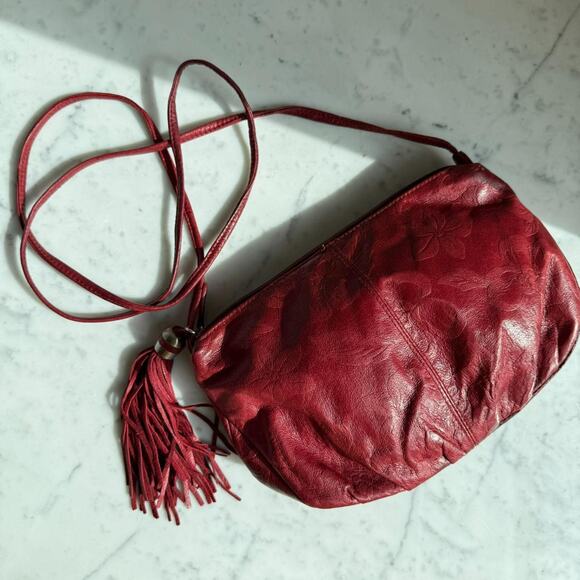 Vintage Genuine Leather Embossed Floral Crossbody Bag Burgundy Red - Picture 1 of 8